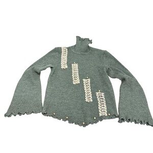 S.J. DuPont The World Sage Green Ribbed Sweater Wool Blend Lace Bell Sleeve